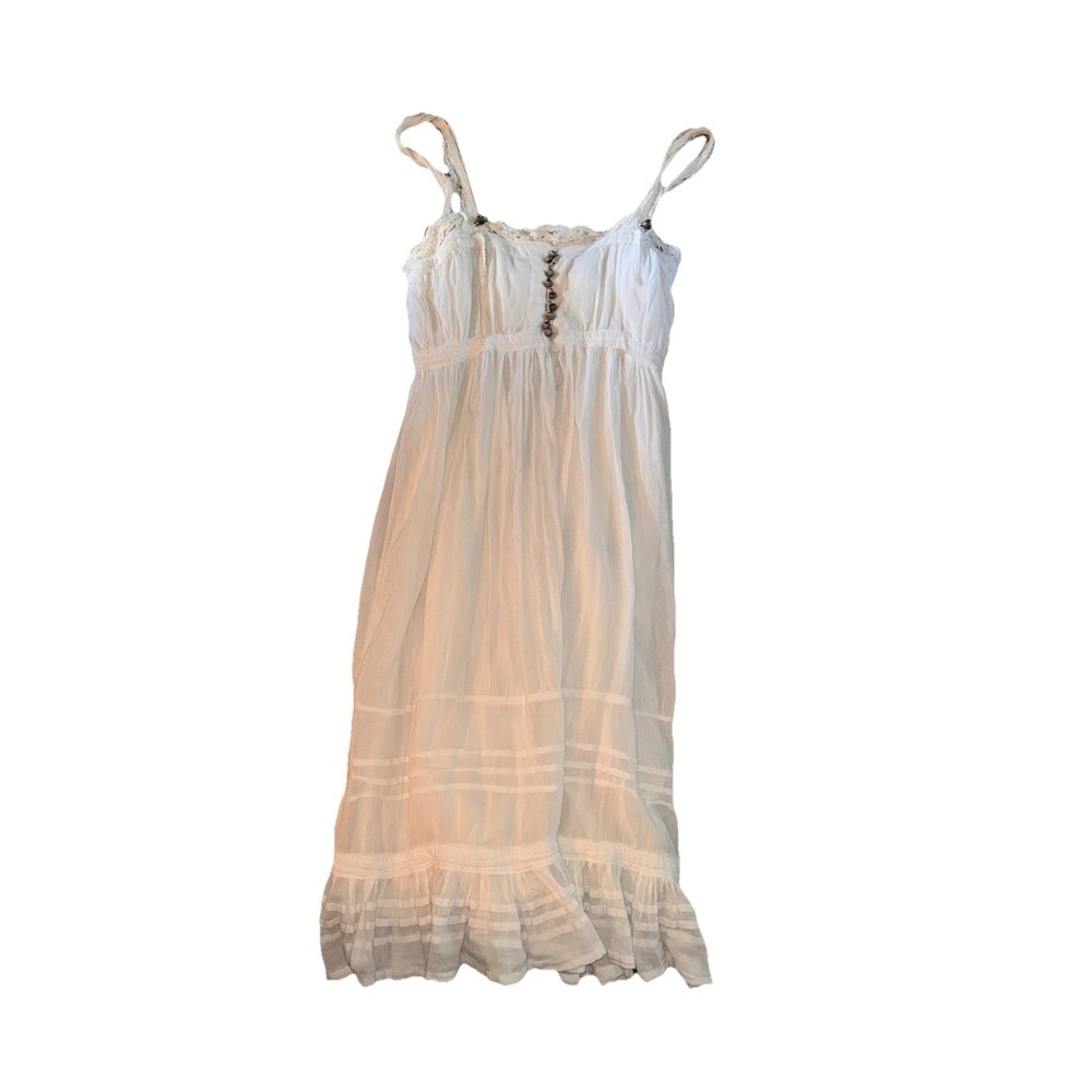 DaNang Surplus Indo Chine White Cotton Boho Midi Dress Lace Y2K L Romantic - Picture 2 of 10